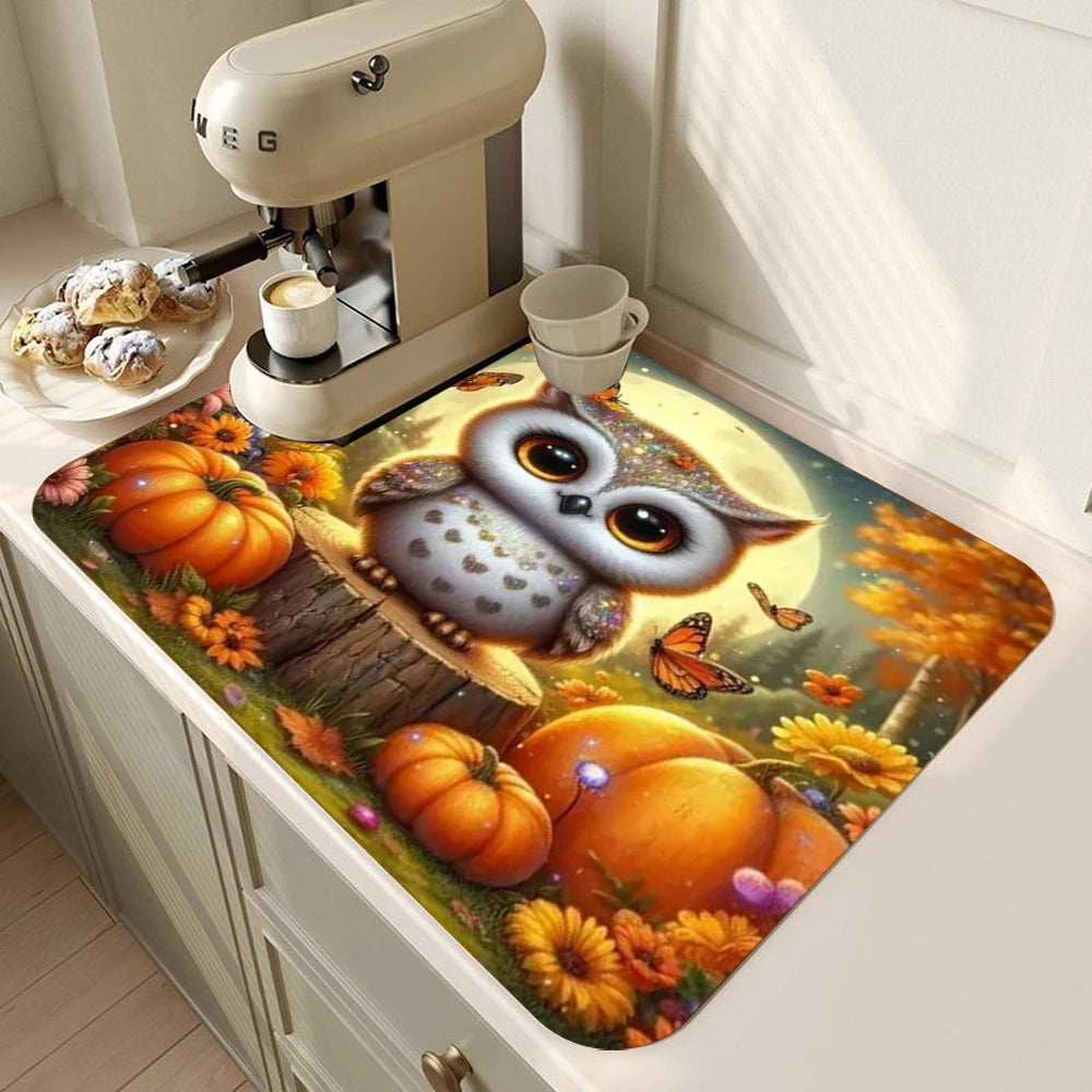 Autumn Thanksgiving Day Dish Drying Mat Soft Rubber Non-Slip Absorbent Stain-Resistant for Kitchen Coffee Bar Countertops