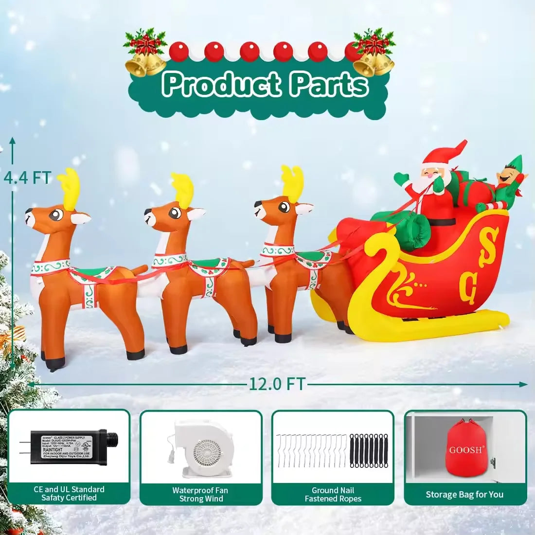 12 FT Santa Sleigh Inflatable, Sleigh and Reindeer, Outdoor Christmas Decorations Clearance with LED Lights
