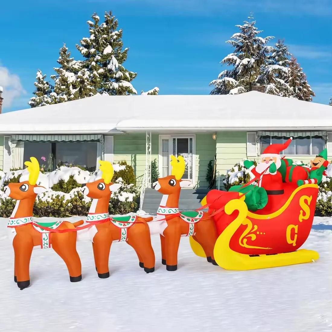 12 FT Santa Sleigh Inflatable, Sleigh and Reindeer, Outdoor Christmas Decorations Clearance with LED Lights