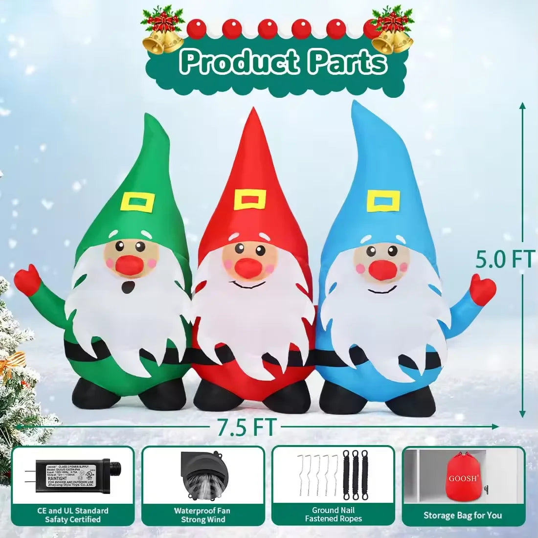 7.5 FT Christmas Gnome Inflatable Three Midgets Holding Hands Outdoor Christmas Decorations Party Decorations