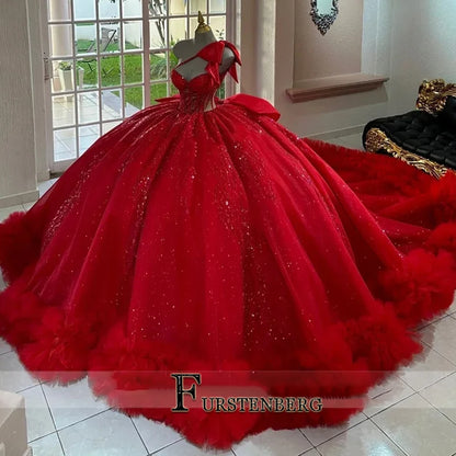 FURSTENBERG Red Quinceneara Dress Ball Gown Dresses for 15 Years Old Bow One Shouder Lace Layered Cut-out Customized Plus Size