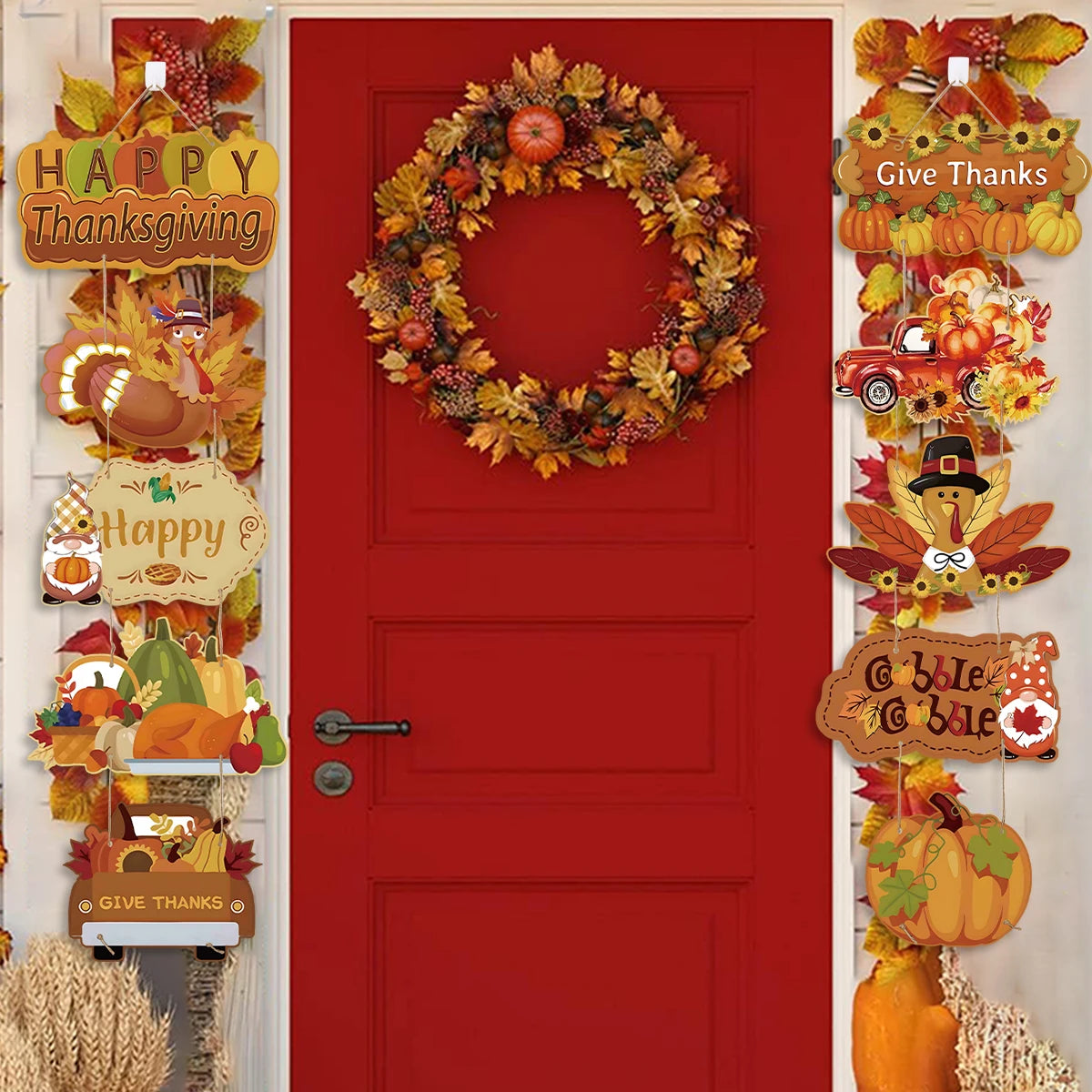 Happy Thanksgiving Day Door Banner Autumn Vine Wreath Dwarf Doll Ornament Gnomes Decorations for Home Tiered Tray Tabletop Decor