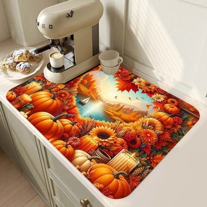 Autumn Thanksgiving Day  Dish Drying Mat Soft Rubber Non-Slip Absorbent Stain-Resistant for Kitchen Coffee Bar Countertops