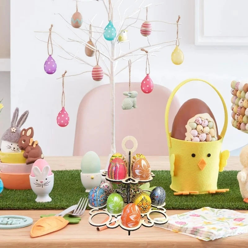 A19F-Easter Eggs Stand Shelf Reusable Ornament Storage 2 Tier Rack Wood Display For Kitchen Desktop Counter Countertop