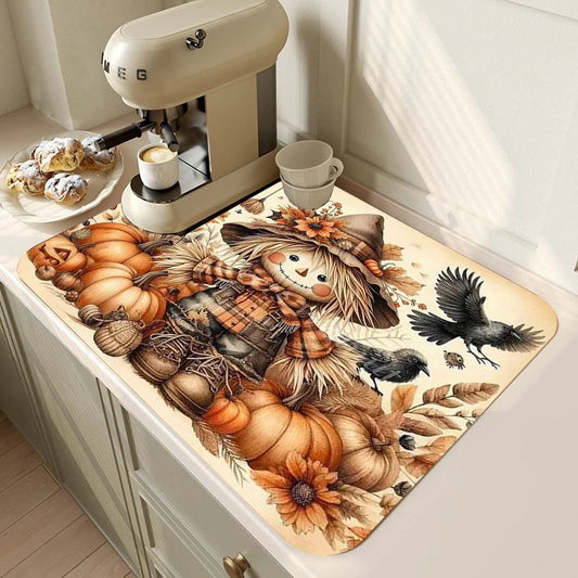 Autumn Thanksgiving Day  Dish Drying Mat Soft Rubber Non-Slip Absorbent Stain-Resistant for Kitchen Coffee Bar Countertops