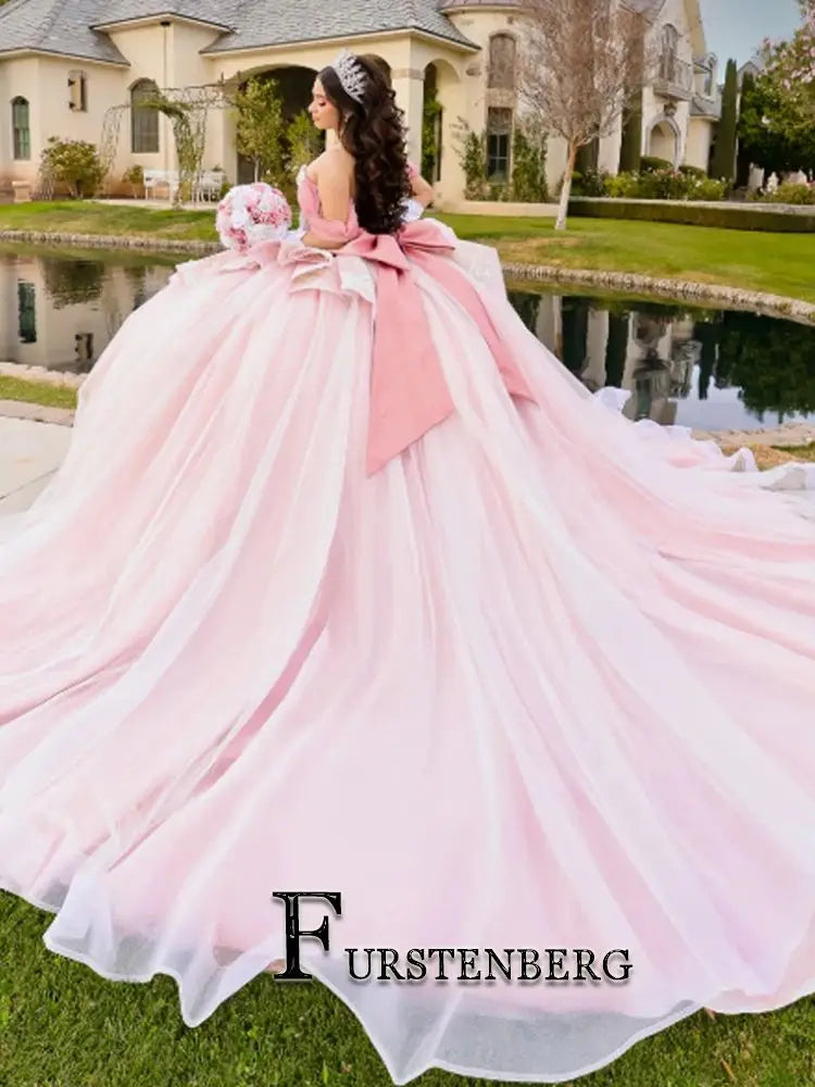 FURSTENBERG Princess Bow Quinceneara Dress Ball Gown Kids Girl Ruffles Beads Royal Train 15 Anos Vestido Customized Plus Size