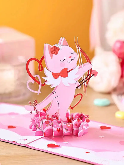 Valentine's Day Pop-Up 3D Cupid Cat Greeting Card - Romantic Love Gift