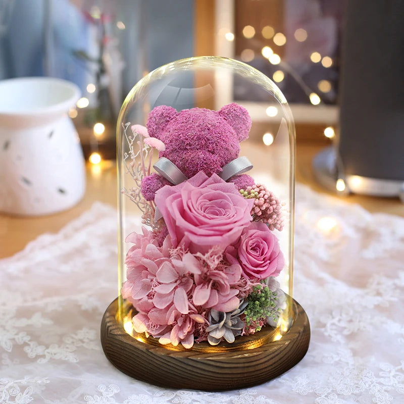 Forever Yours - Eternal Preserved Rose Gift Box with Teddy Bear & LED Lights