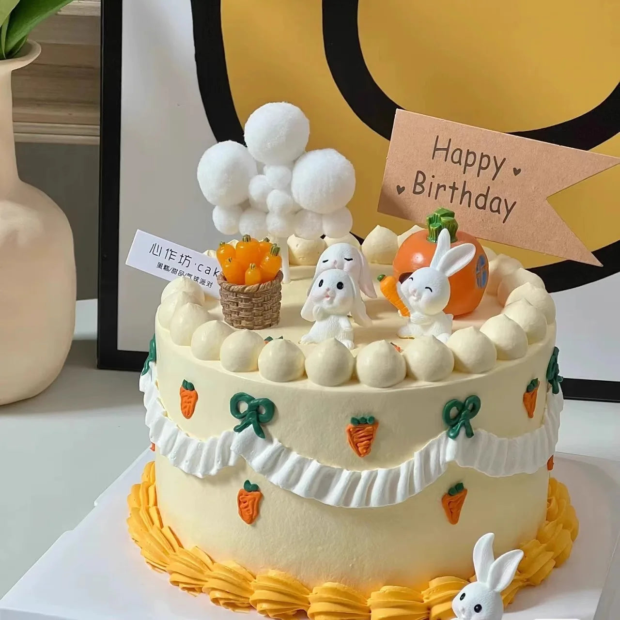 Easter Bunny Cake Topper Cute Rabbit Carrot Happy Birthday Cake Decoration for Kids 1st Birthday Party Supplies Baby Shower Gift