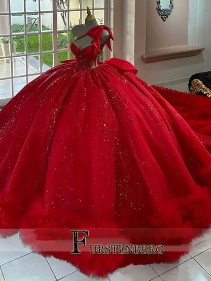 FURSTENBERG Red Quinceneara Dress Ball Gown Dresses for 15 Years Old Bow One Shouder Lace Layered Cut-out Customized Plus Size