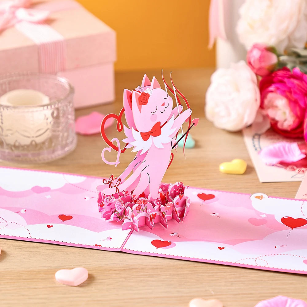 Valentine's Day Pop-Up 3D Cupid Cat Greeting Card - Romantic Love Gift