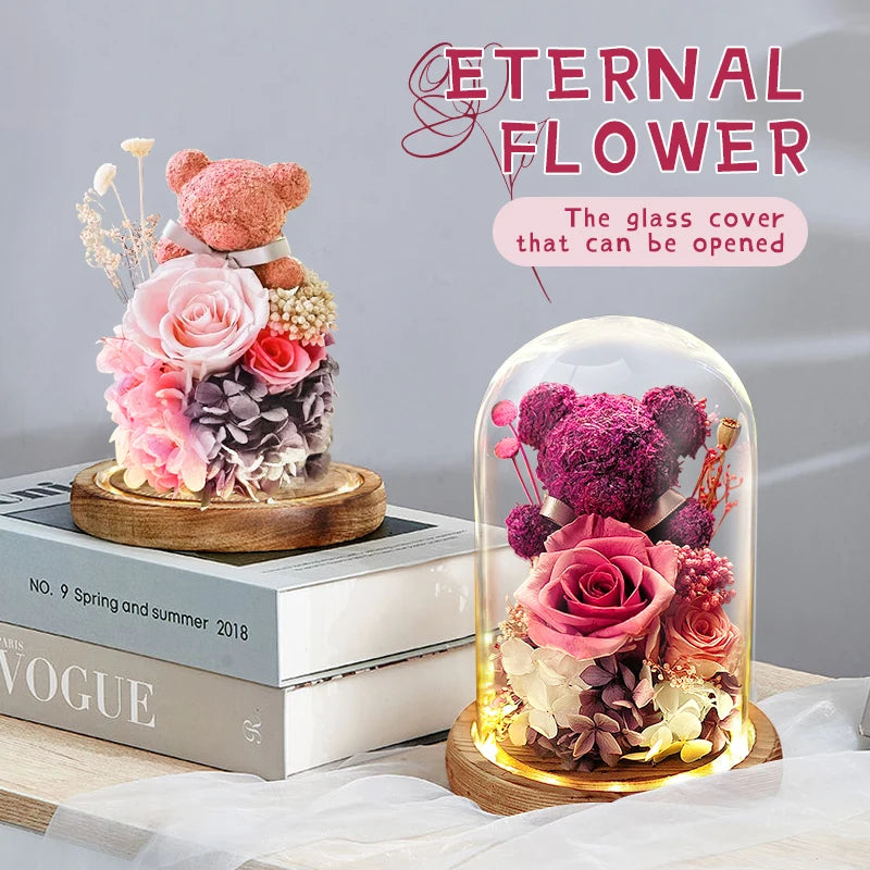 Forever Yours - Eternal Preserved Rose Gift Box with Teddy Bear & LED Lights