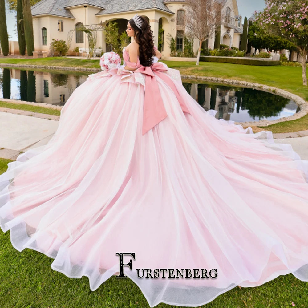 FURSTENBERG Princess Bow Quinceneara Dress Ball Gown Kids Girl Ruffles Beads Royal Train 15 Anos Vestido Customized Plus Size