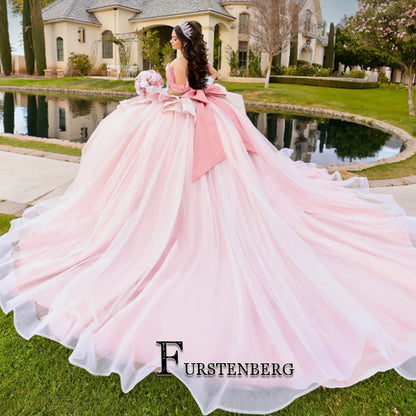 FURSTENBERG Princess Bow Quinceneara Dress Ball Gown Kids Girl Ruffles Beads Royal Train 15 Anos Vestido Customized Plus Size