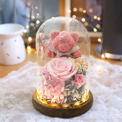 Forever Yours - Eternal Preserved Rose Gift Box with Teddy Bear & LED Lights