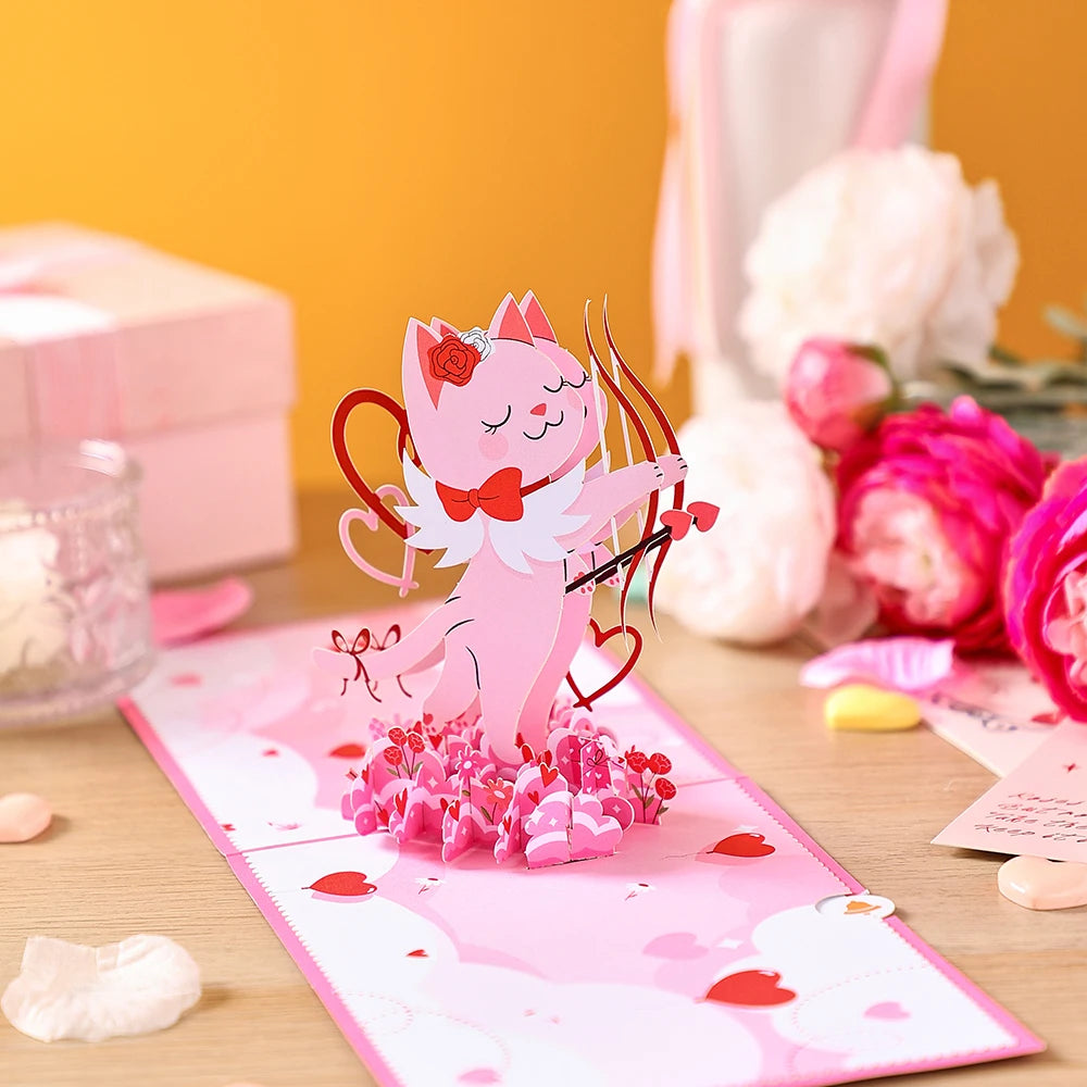 Valentine's Day Pop-Up 3D Cupid Cat Greeting Card - Romantic Love Gift