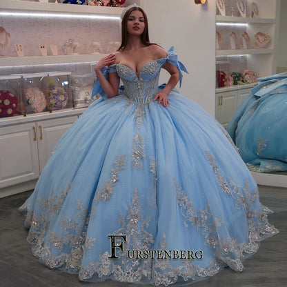 FURSTENBERG Blue Quinceneara Dress for 15 Years Bow V Neck Off Shoulder Crystals Vestidos De 15 Anos Corest Party Customized