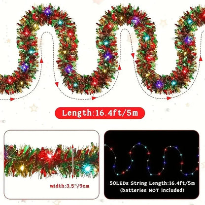 1pc Christmas Tinsel Garland Metallic Shiny Garland With LED Lights Christmas Tree Garland Thick Hanging Suitable For Home Decor