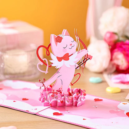 Valentine's Day Pop-Up 3D Cupid Cat Greeting Card - Romantic Love Gift
