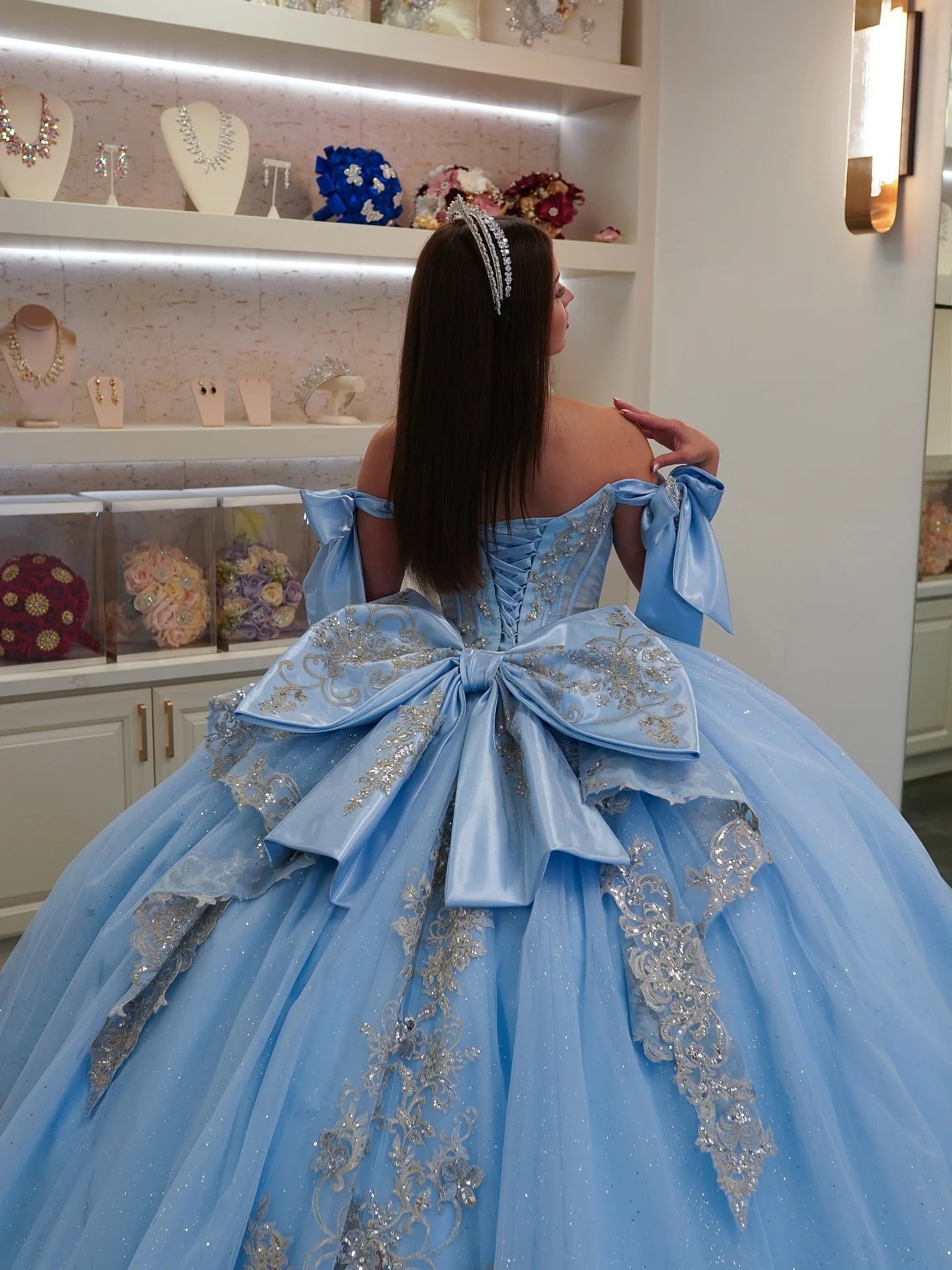 FURSTENBERG Blue Quinceneara Dress for 15 Years Bow V Neck Off Shoulder Crystals Vestidos De 15 Anos Corest Party Customized