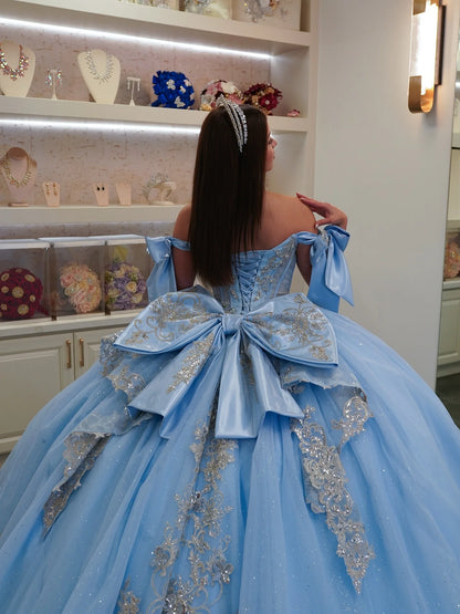 FURSTENBERG Blue Quinceneara Dress for 15 Years Bow V Neck Off Shoulder Crystals Vestidos De 15 Anos Corest Party Customized