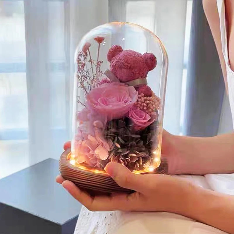 Forever Yours - Eternal Preserved Rose Gift Box with Teddy Bear & LED Lights
