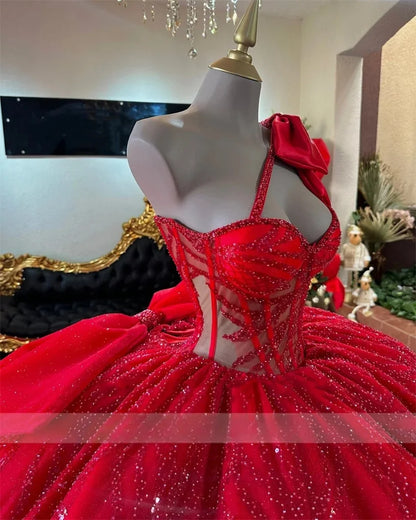 FURSTENBERG Red Quinceneara Dress Ball Gown Dresses for 15 Years Old Bow One Shouder Lace Layered Cut-out Customized Plus Size