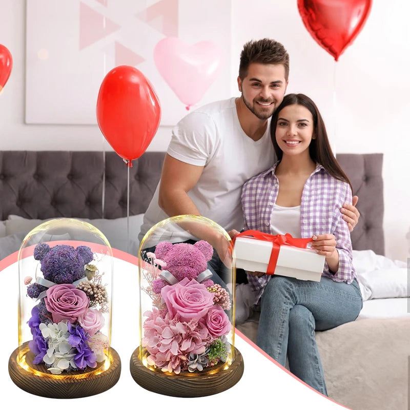 Forever Yours - Eternal Preserved Rose Gift Box with Teddy Bear & LED Lights