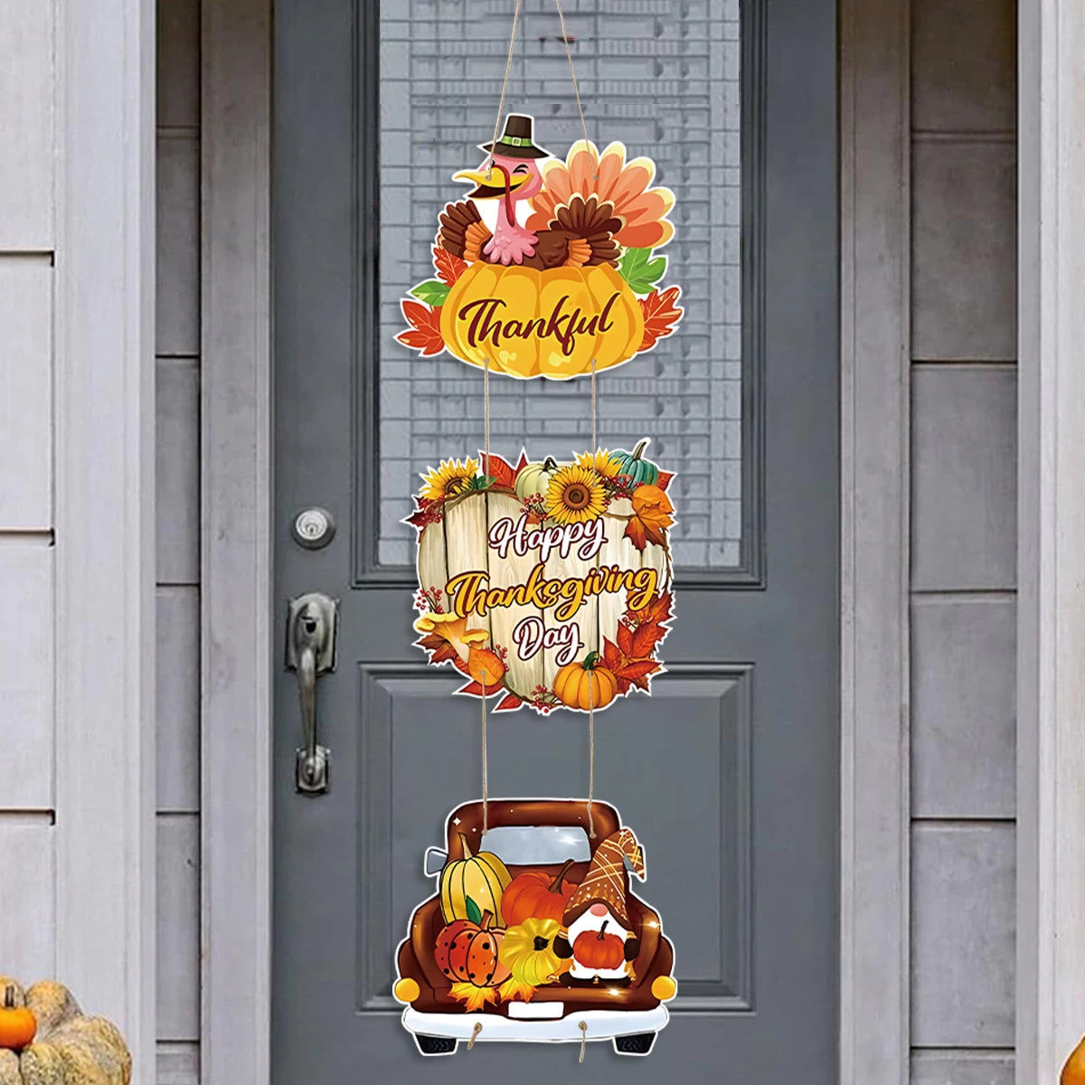 Happy Thanksgiving Day Door Banner Autumn Vine Wreath Dwarf Doll Ornament Gnomes Decorations for Home Tiered Tray Tabletop Decor