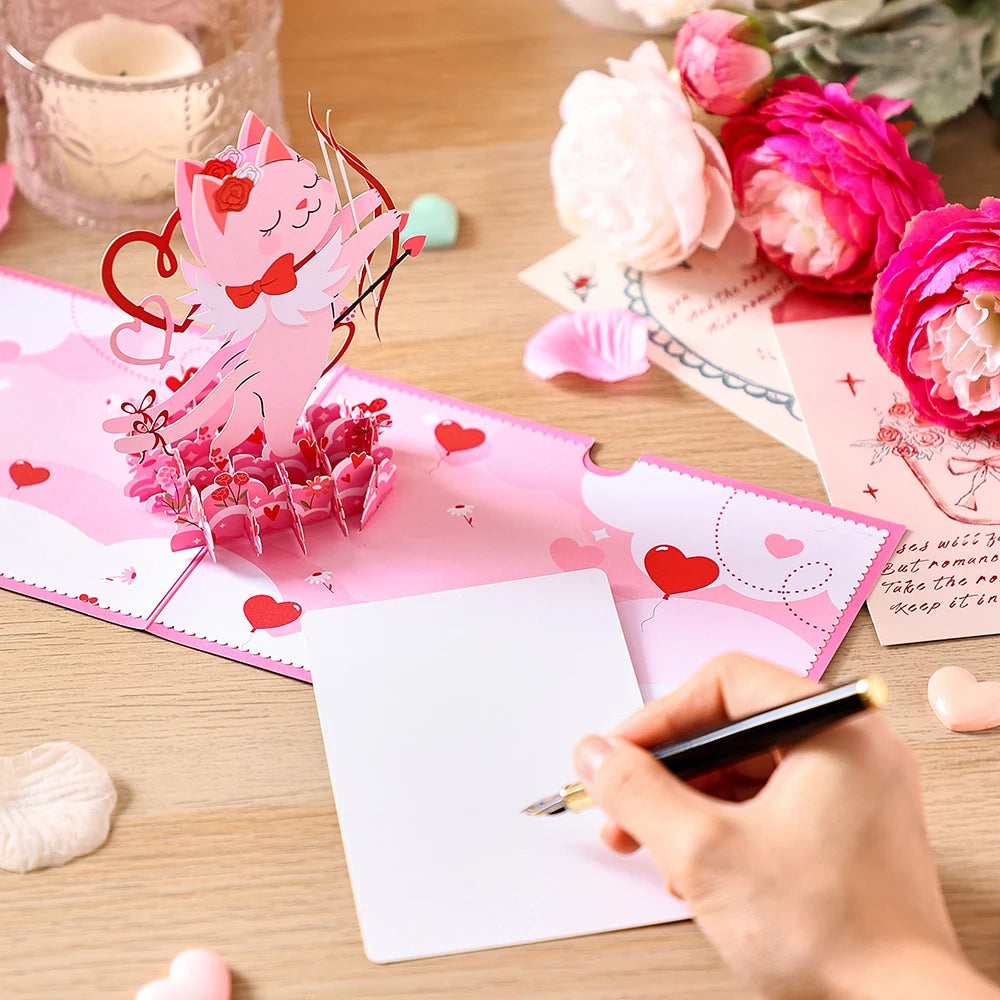 Valentine's Day Pop-Up 3D Cupid Cat Greeting Card - Romantic Love Gift